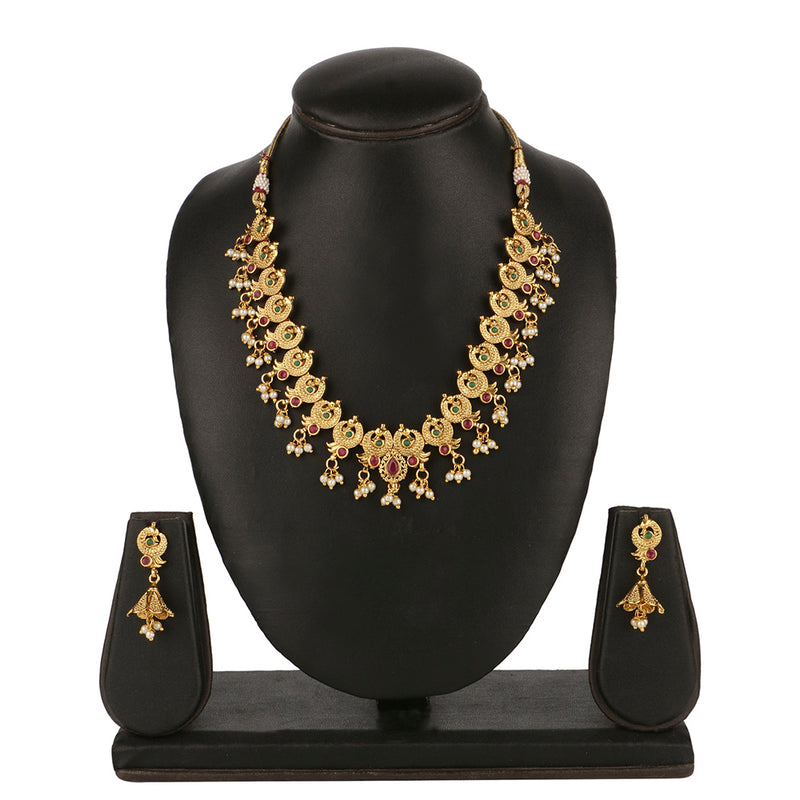 Kord Store Traditional Peacock Multi-Color Stone Gold Plated Matinee Necklace Set For Women  - KSNKE60061