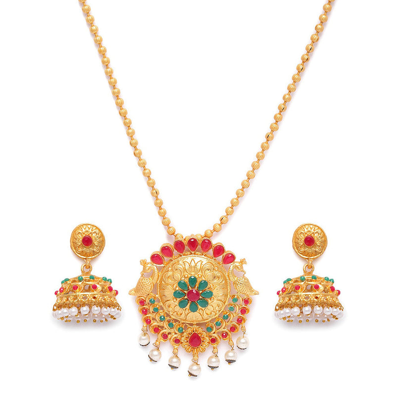 Kord Store Peacock Design Gold Plated Long Haram Necklace Set For Women  - KSNKE60145