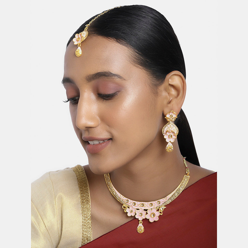 Kord Store Misty Rose Lct Stone Traditional Gold Plated Choker Necklace Set For Women  - KSNKE60151