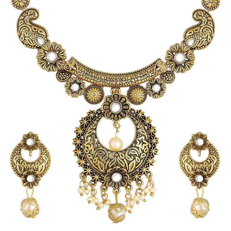 Kord Store Traditional Matt Finish Paisley Design & Pearl Gold Plated Choker Necklace Set For Women  - KSNKE60163