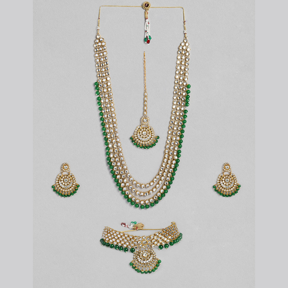 Kord Store Gold Kundan Bridal Set With Choker/Long Set/Eaarings/Maang Tikka/Green Stone Wedding Collection For Women And Girl  - KSNKE60175