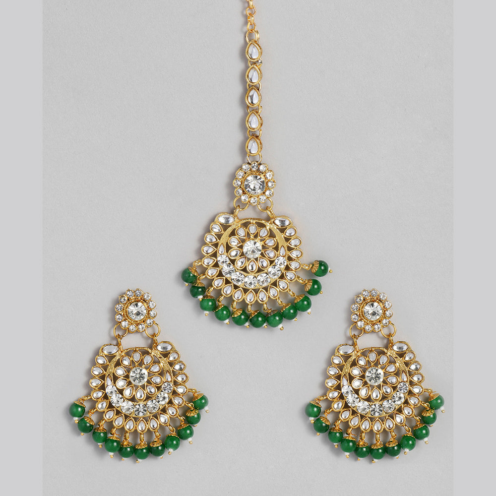 Kord Store Gold Kundan Bridal Set With Choker/Long Set/Eaarings/Maang Tikka/Green Stone Wedding Collection For Women And Girl  - KSNKE60175