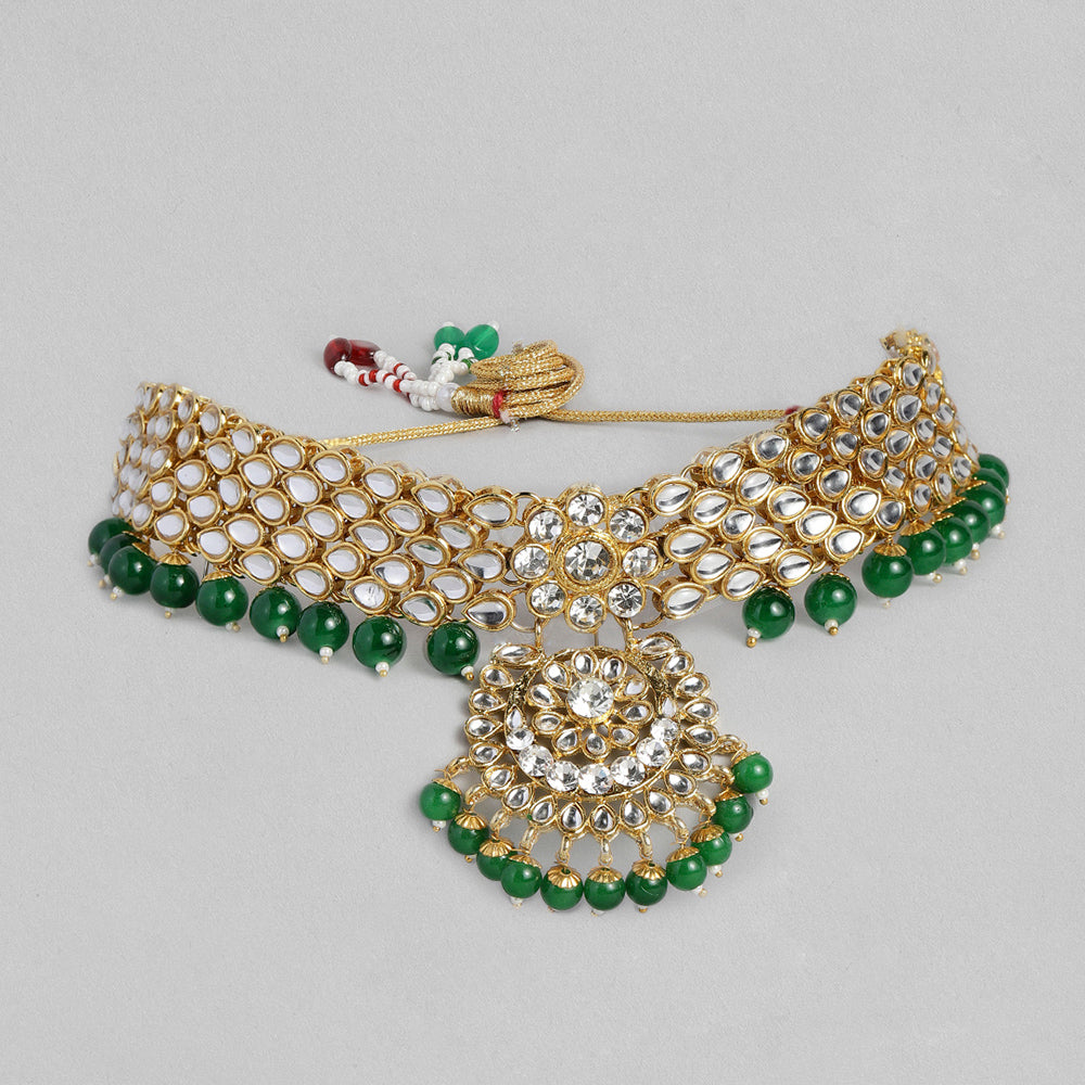 Kord Store Gold Kundan Bridal Set With Choker/Long Set/Eaarings/Maang Tikka/Green Stone Wedding Collection For Women And Girl  - KSNKE60175
