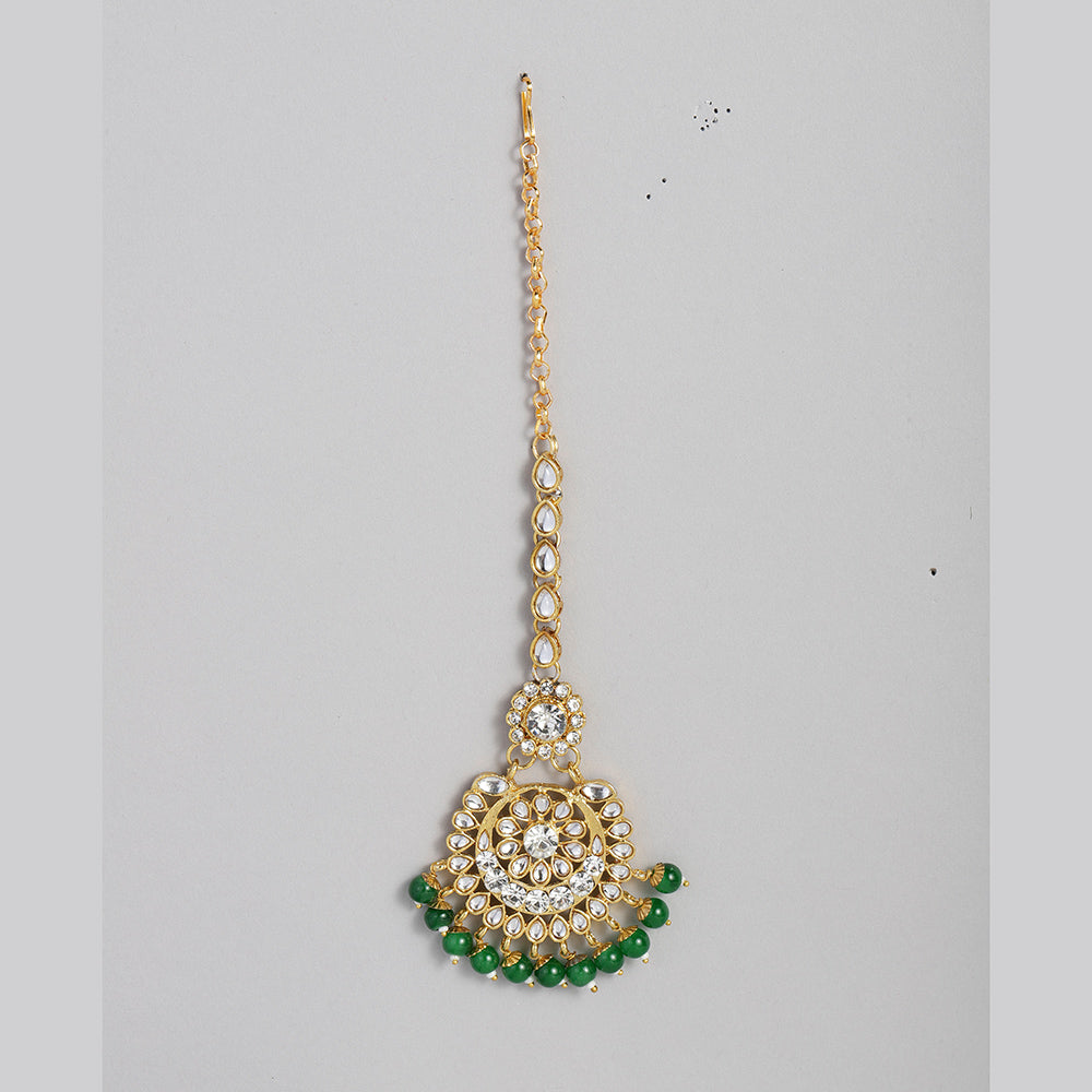 Kord Store Gold Kundan Bridal Set With Choker/Long Set/Eaarings/Maang Tikka/Green Stone Wedding Collection For Women And Girl  - KSNKE60175