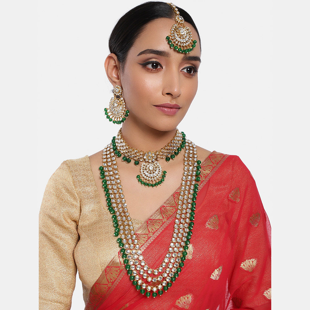 Kord Store Gold Kundan Bridal Set With Choker/Long Set/Eaarings/Maang Tikka/Green Stone Wedding Collection For Women And Girl  - KSNKE60175