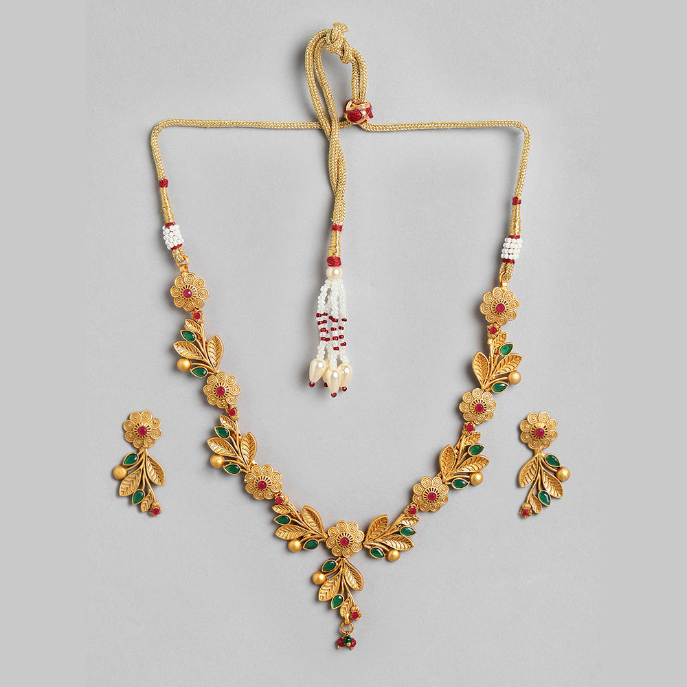 Kord Store Modern Gold Plated Leaf Design Multi Color Stone Necklace set For Girls and Women  - KSNKE60204