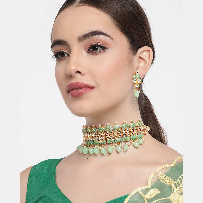 Kord Store Traditionally Gold Plated Mint Green Raajwada Look Collar Necklace Set For Girls and Women  - KSNKE60229