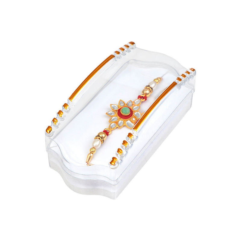 Kord Store Round Shape Multi-Color Stone & Pearl Gold Plated Rakhi For Brother