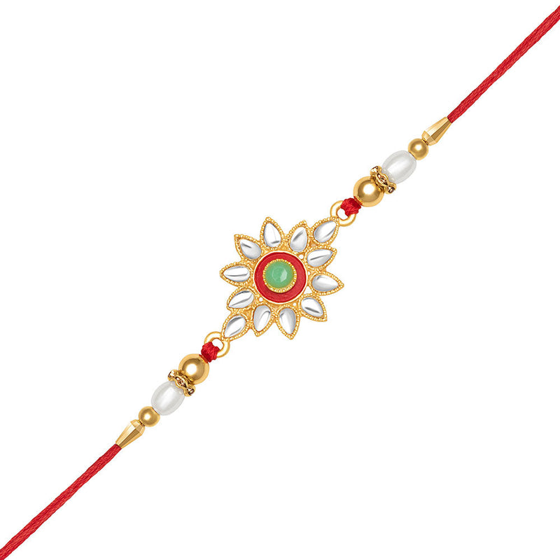 Kord Store Round Shape Multi-Color Stone & Pearl Gold Plated Rakhi For Brother