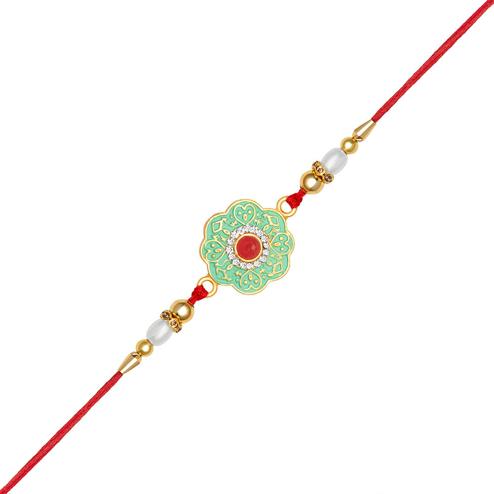 Kord Store Heart Shape & Meenakari Work Multi-Color Stone & Pearl Gold Plated Rakhi For Brother