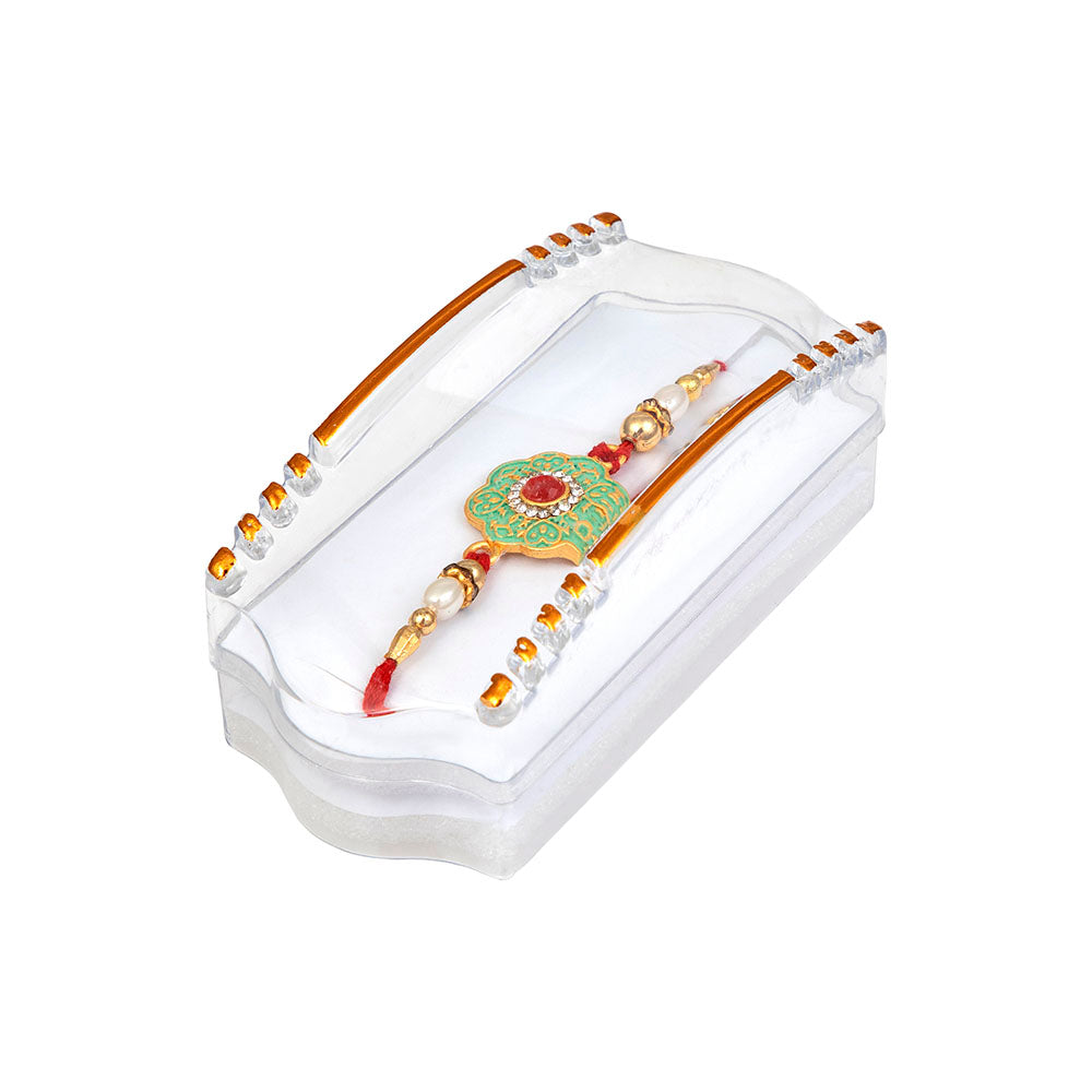 Kord Store Heart Shape & Meenakari Work Multi-Color Stone & Pearl Gold Plated Rakhi For Brother