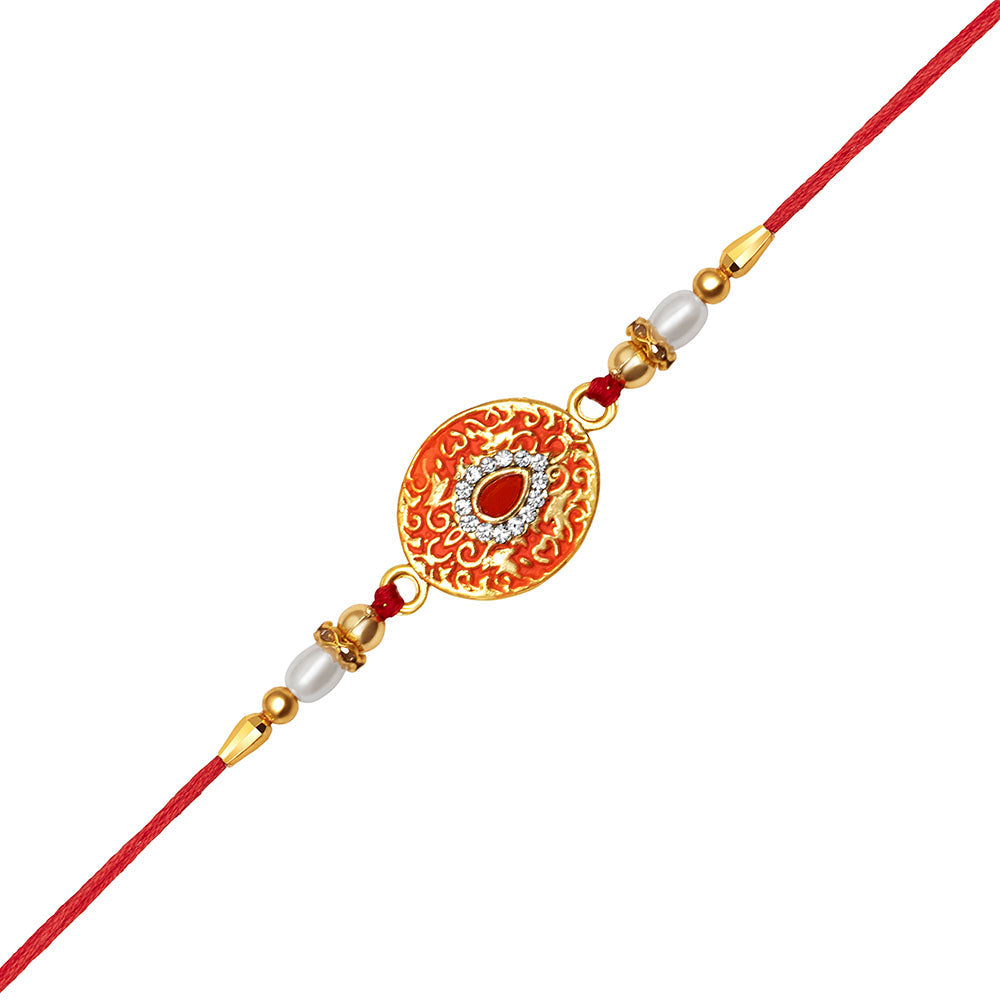 Kord Store Designer Multi-Color Stone & Pearl Gold Plated Rakhi For Brother