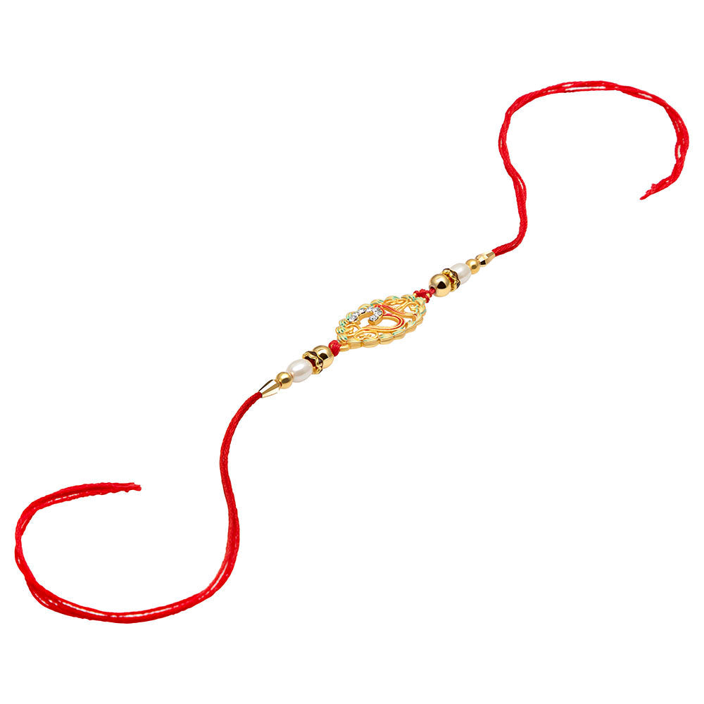Kord Store "OM" Design Multi-Color Stone & Pearl Gold Plated Rakhi For Brother