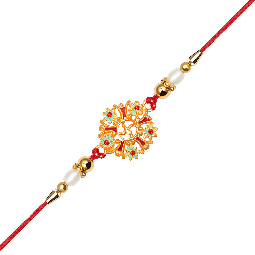Kord Store "Swastik" Design Multi-Color Stone & Pearl Gold Plated Rakhi For Brother