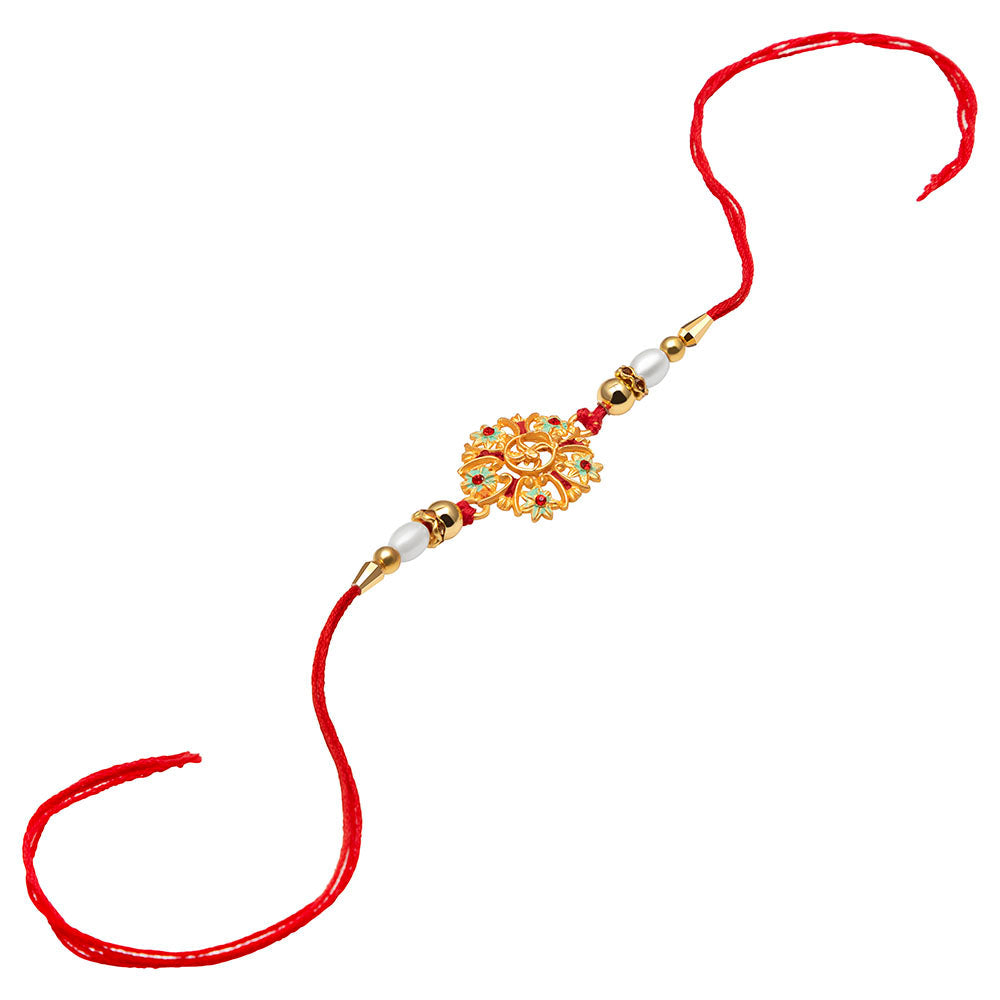 Kord Store "Swastik" Design Multi-Color Stone & Pearl Gold Plated Rakhi For Brother
