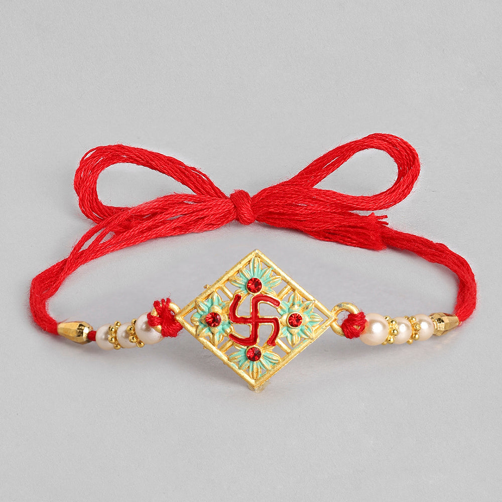 Kord Store Swastik Mark Mint Green And Ruby Minakari Thread Moti Gold Finish Rakhi Set Of 1 For Your Lovely Brother