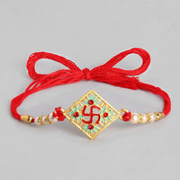 Kord Store Swastik Mark Mint Green And Ruby Minakari Thread Moti Gold Finish Rakhi Set Of 1 For Your Lovely Brother