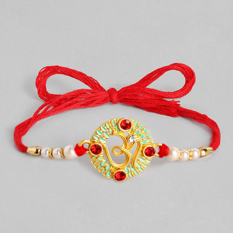 Kord Store 'Om' Design Mint Mina Ruby Stone Thread Moti Gold Finish Rakhi Set Of 1 For Brother