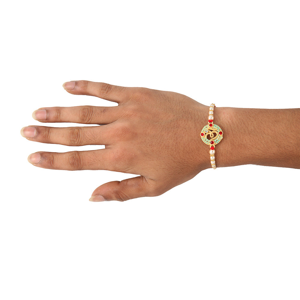 Kord Store 'Om' Design Mint Mina Ruby Stone Thread Moti Gold Finish Rakhi Set Of 1 For Brother
