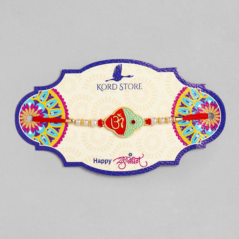 Kord Store 'Om' Design Mint Mina Ruby Stone Thread Moti Gold Finish  Set Of 1 Rakhi For Brother