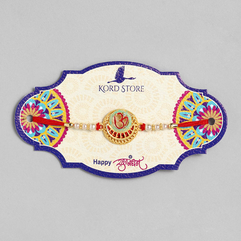 Kord Store 'Om' Design Mint Mina Thread Moti Ruby Stone  Gold Finish Rakhi Set Of 1 For Brother