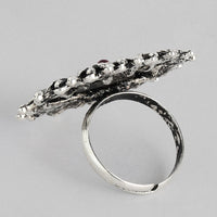 Kord Store Latest Design Adjustable Silver Oxidised Plated Floral Finger Ring For Girls and Women