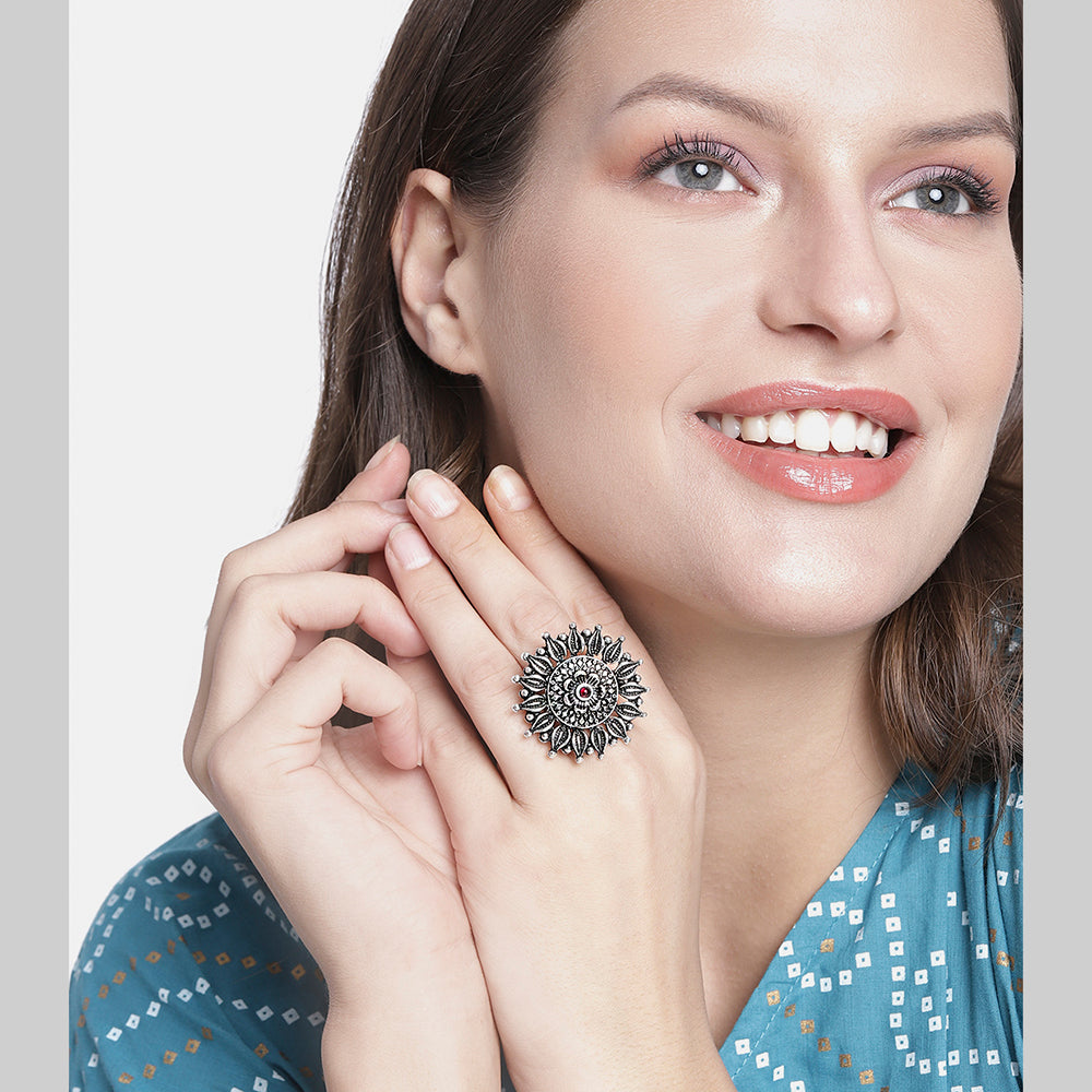 Kord Store Latest Design Adjustable Silver Oxidised Plated Floral Finger Ring For Girls and Women