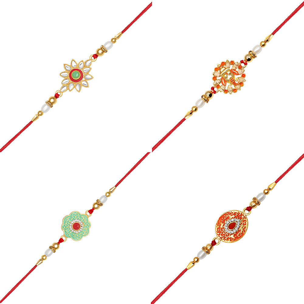 Kord Store "Lord Ganesha"Design Multi-Color Stone & Pearl Gold Plated Set of 4 Rakhi Combo For Brother