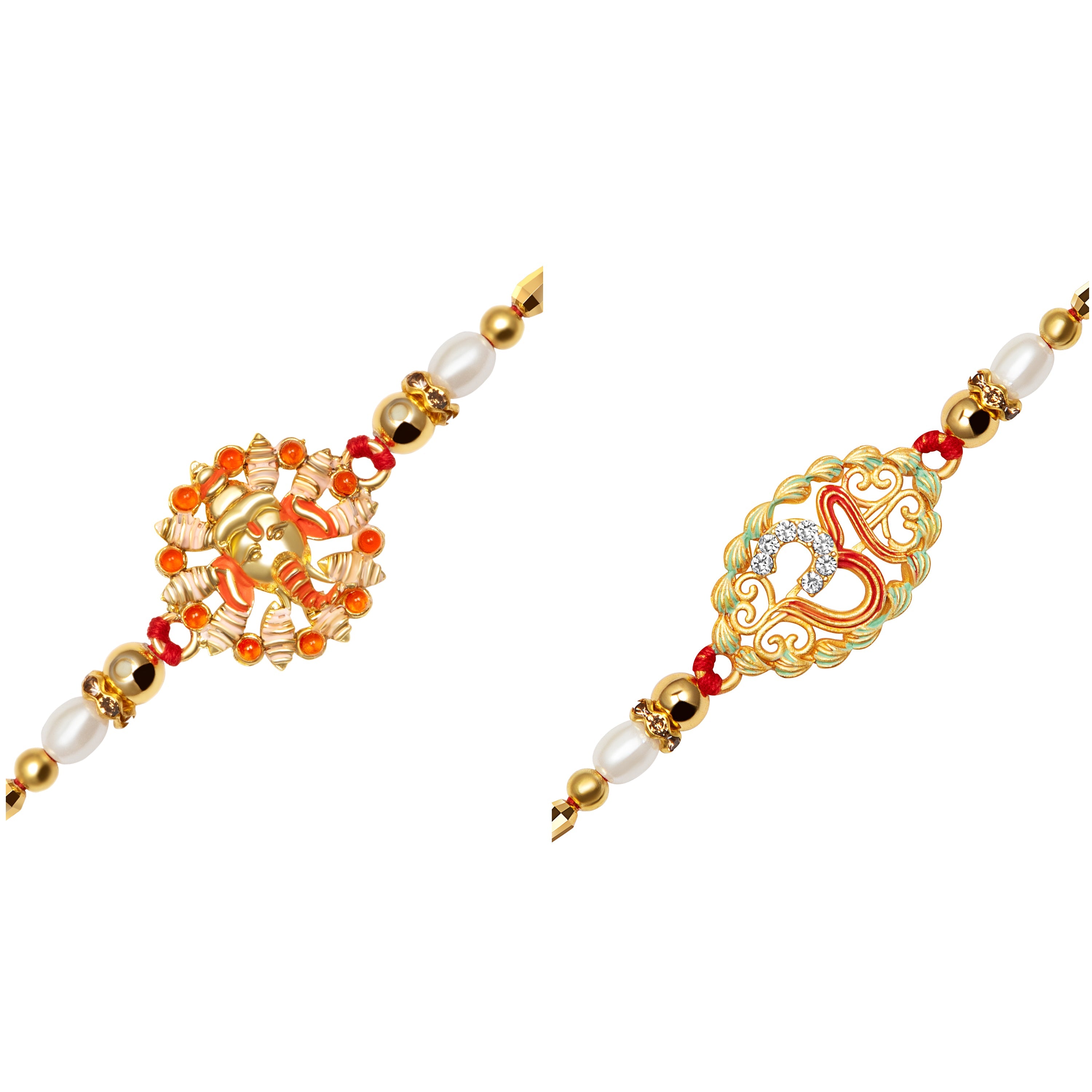 Kord Store "OM" & "Lord Ganesha Design Multi-Color Stone & Pearl Gold Plated Set of 2 Rakhi Combo For Brother