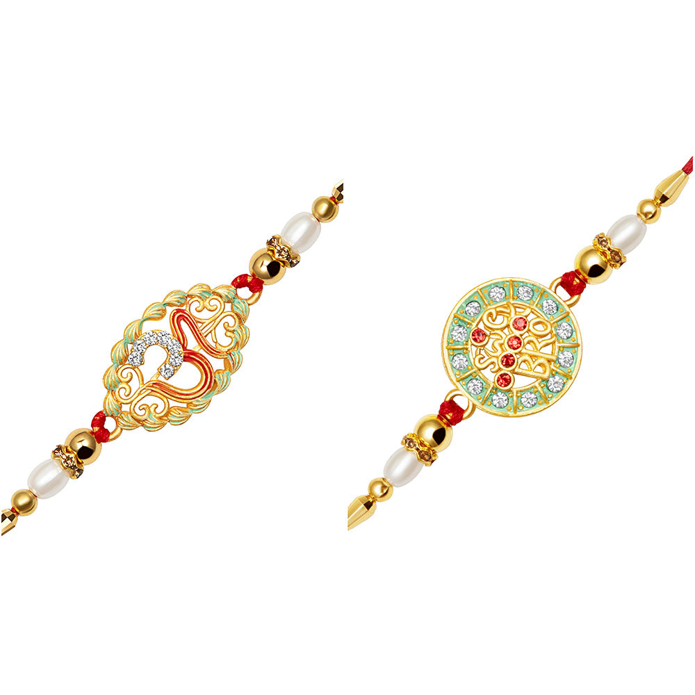 Kord Store "OM" Design Multi-Color Stone & Pearl Gold Plated Set of 2 Rakhi Combo For Brother