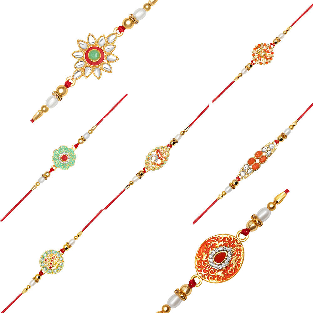 Kord Store "OM" & "Lord Ganesha Design Multi-Color Stone & Pearl Gold Plated Set of 7 Rakhi Combo For Brother