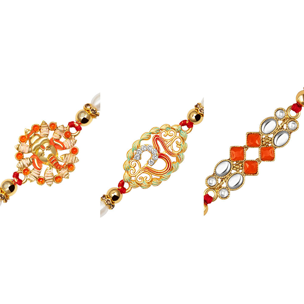 Kord Store "OM" & "Lord Ganesha Design Multi-Color Stone & Pearl Gold Plated Set of 3 Rakhi Combo For Brother
