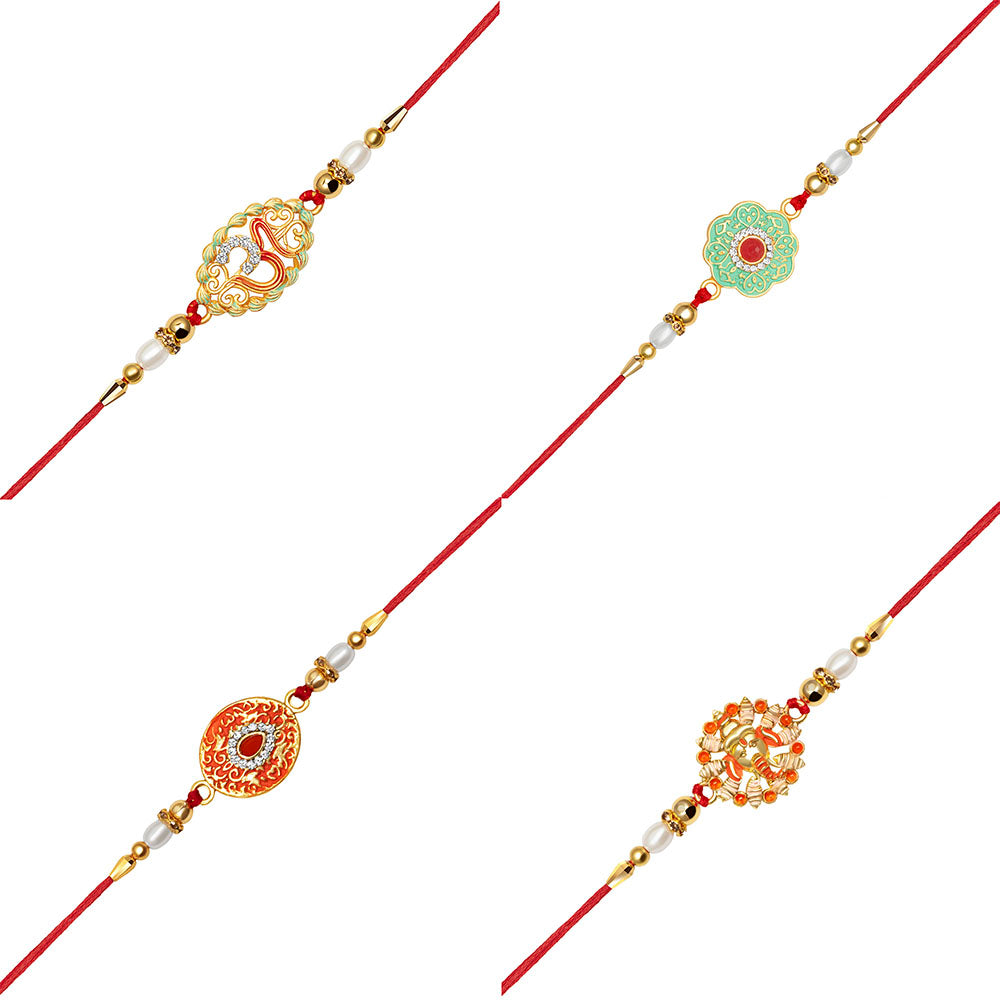 Kord Store "OM" & "Lord Ganesha Design Multi-Color Stone & Pearl Gold Plated Set of 4 Rakhi Combo For Brothers