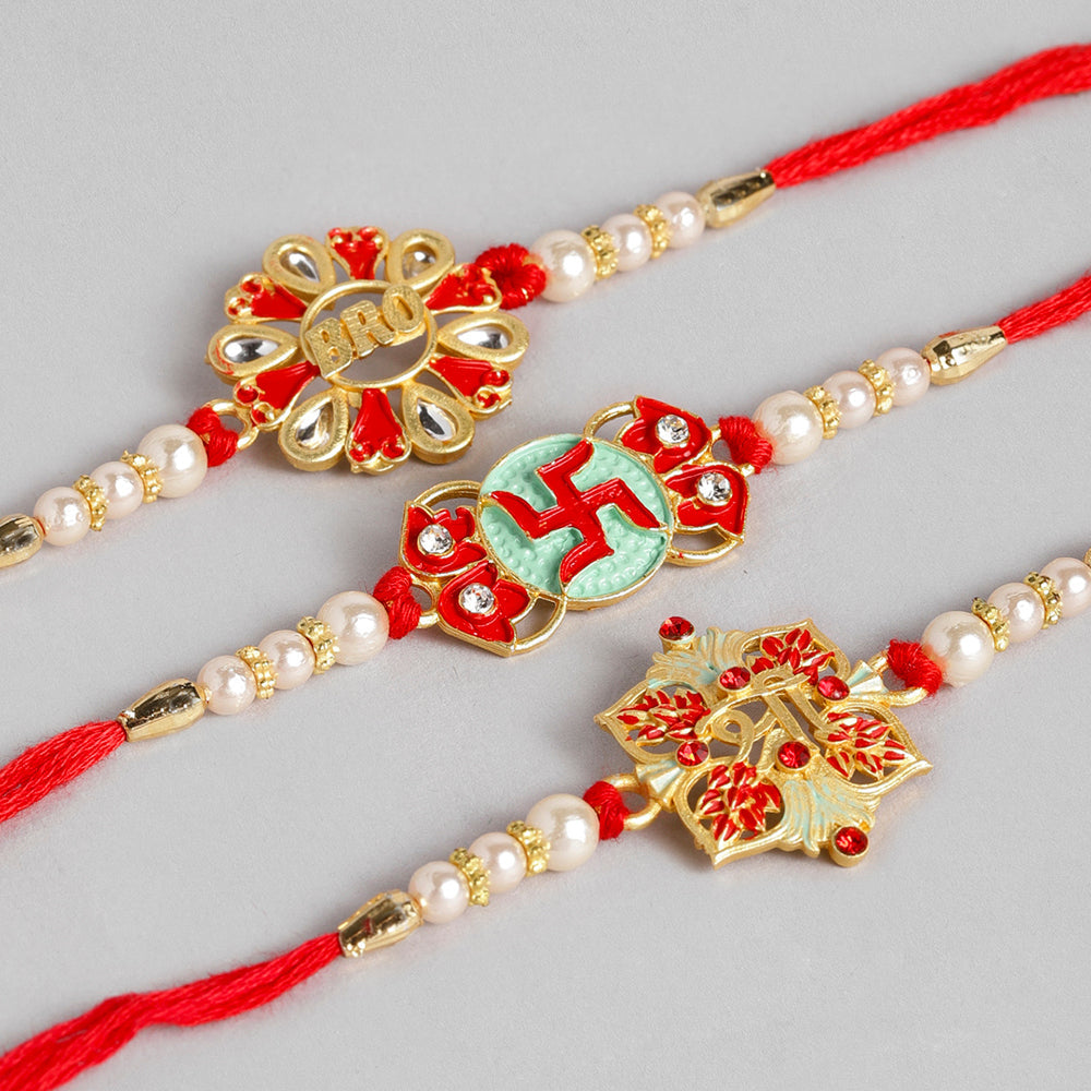 Kord Store 'Shree/Swastik/Bro' Design Mint Green/Ruby Mina Multi Stone Rakhi Set Of 3 For Brother