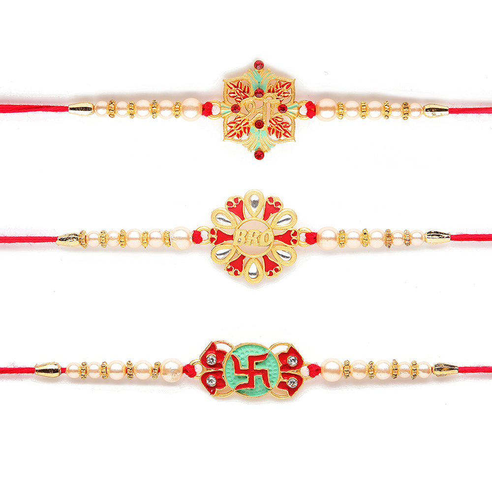 Kord Store 'Shree/Swastik/Bro' Design Mint Green/Ruby Mina Multi Stone Rakhi Set Of 3 For Brother