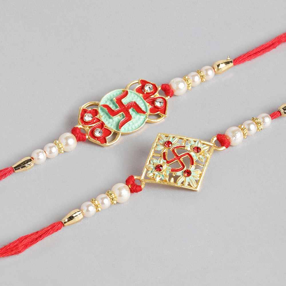 Kord Store Swastik Design Mint Green And Ruby Minakari Thread Moti Gold Finish Rakhi Set Of 2 For Brother