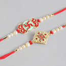 Kord Store Swastik Design Mint Green And Ruby Minakari Thread Moti Gold Finish Rakhi Set Of 2 For Brother