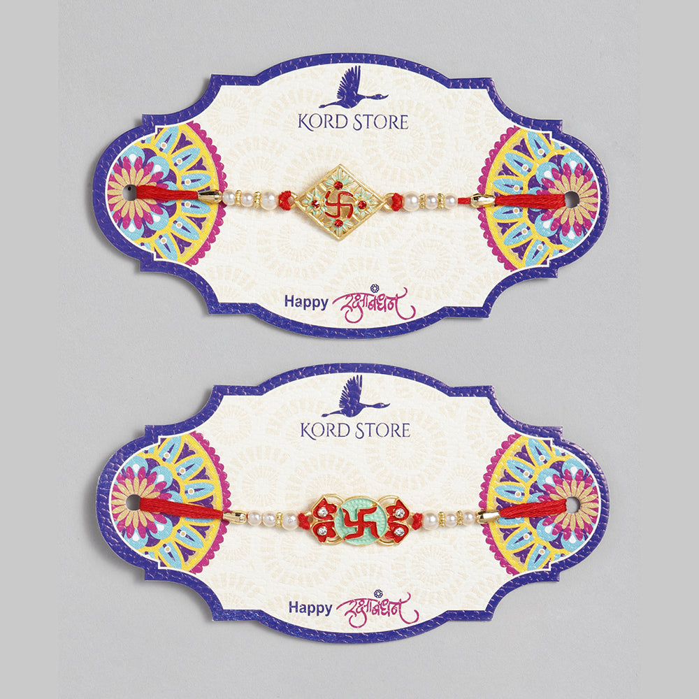 Kord Store Swastik Design Mint Green And Ruby Minakari Thread Moti Gold Finish Rakhi Set Of 2 For Brother