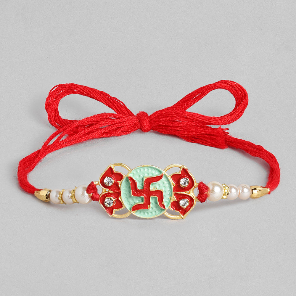 Kord Store Swastik Design Mint Green And Ruby Minakari Thread Moti Gold Finish Rakhi Set Of 2 For Brother