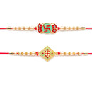 Kord Store Swastik Design Mint Green And Ruby Minakari Thread Moti Gold Finish Rakhi Set Of 2 For Brother