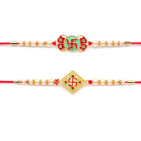 Kord Store Swastik Design Mint Green And Ruby Minakari Thread Moti Gold Finish Rakhi Set Of 2 For Brother
