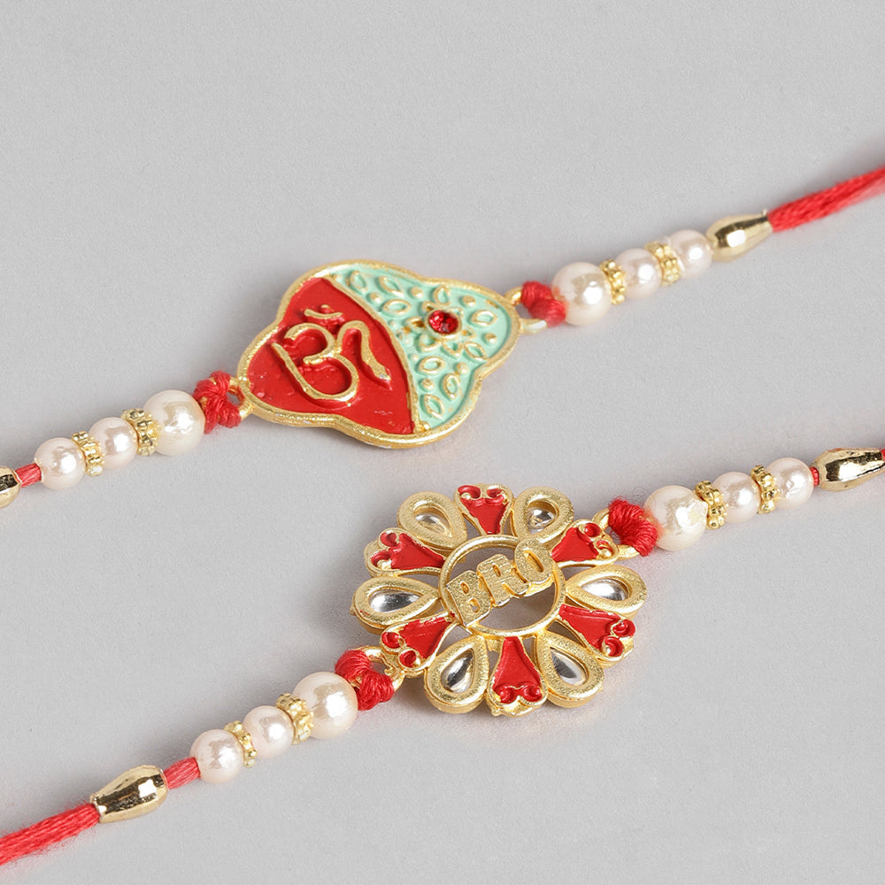 Kord Store 'Om And Bro' Design Ruby And Mint Green Minakari Thread Moti Gold Finish Rakhi Set Of 2 For Brother