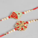 Kord Store 'Om And Bro' Design Ruby And Mint Green Minakari Thread Moti Gold Finish Rakhi Set Of 2 For Brother