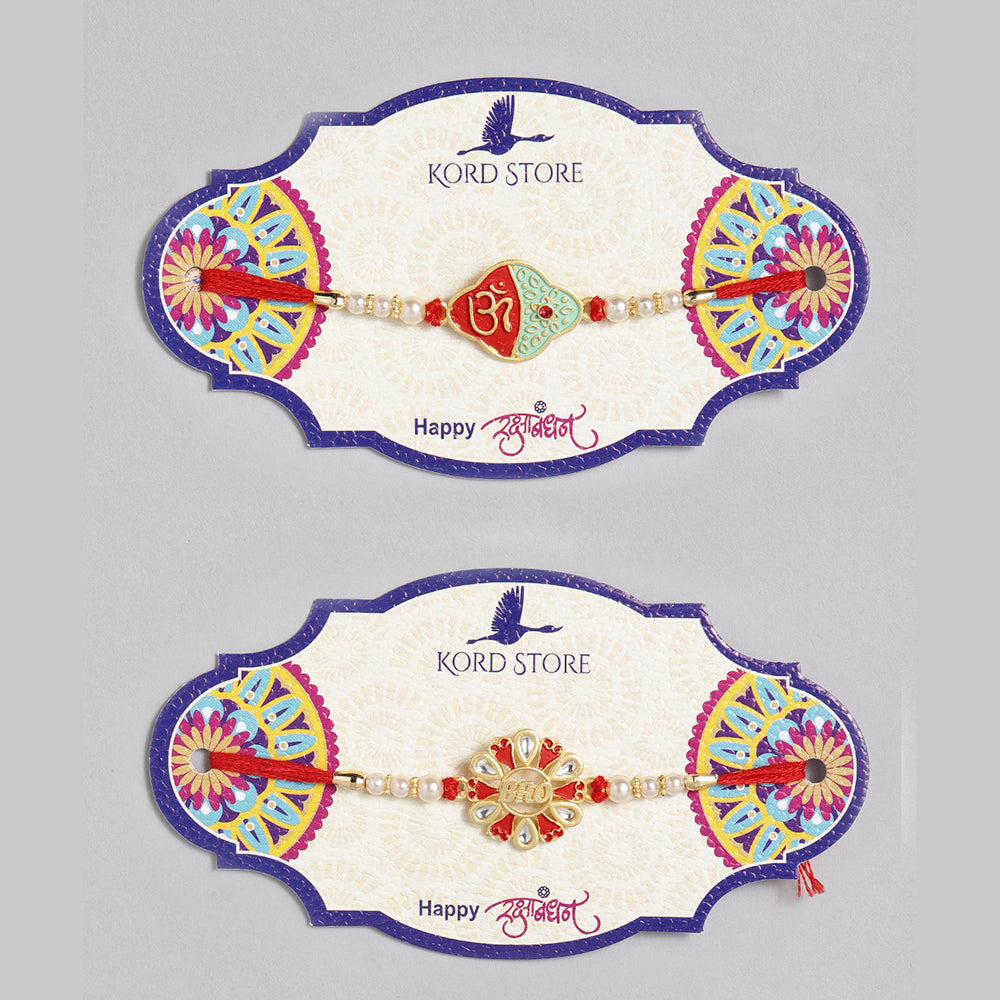 Kord Store 'Om And Bro' Design Ruby And Mint Green Minakari Thread Moti Gold Finish Rakhi Set Of 2 For Brother