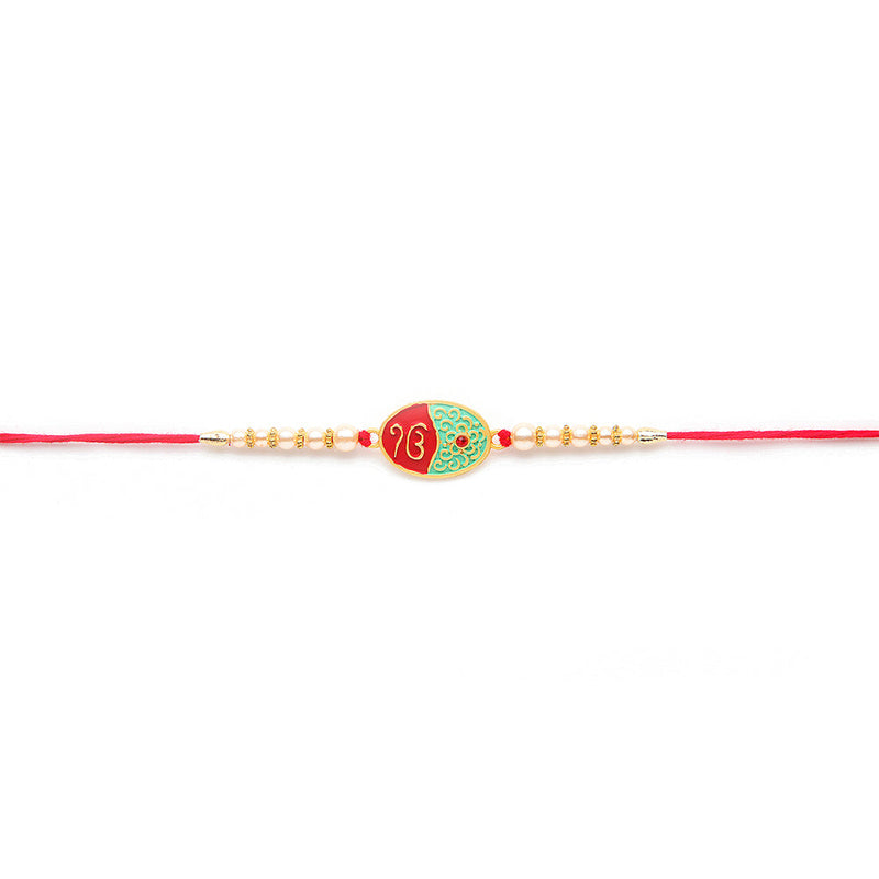 Kord Store 'Om And Bro' Design Ruby And Mint Green Minakari Thread Moti Gold Finish Rakhi Set Of 2 For Brother