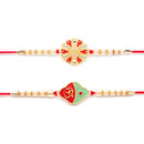 Kord Store 'Om And Bro' Design Ruby And Mint Green Minakari Thread Moti Gold Finish Rakhi Set Of 2 For Brother