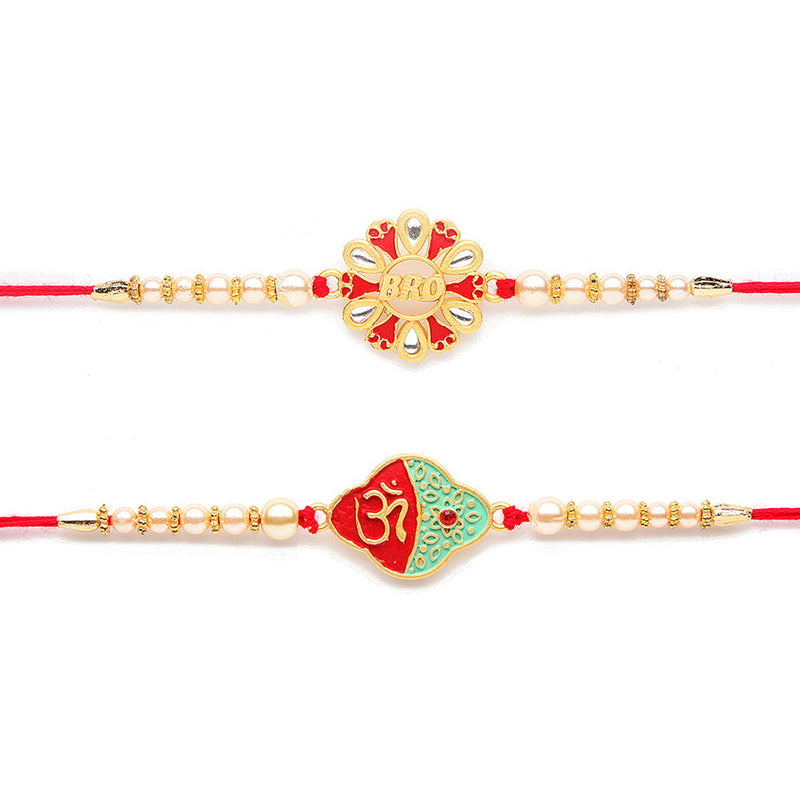 Kord Store 'Om And Bro' Design Ruby And Mint Green Minakari Thread Moti Gold Finish Rakhi Set Of 2 For Brother
