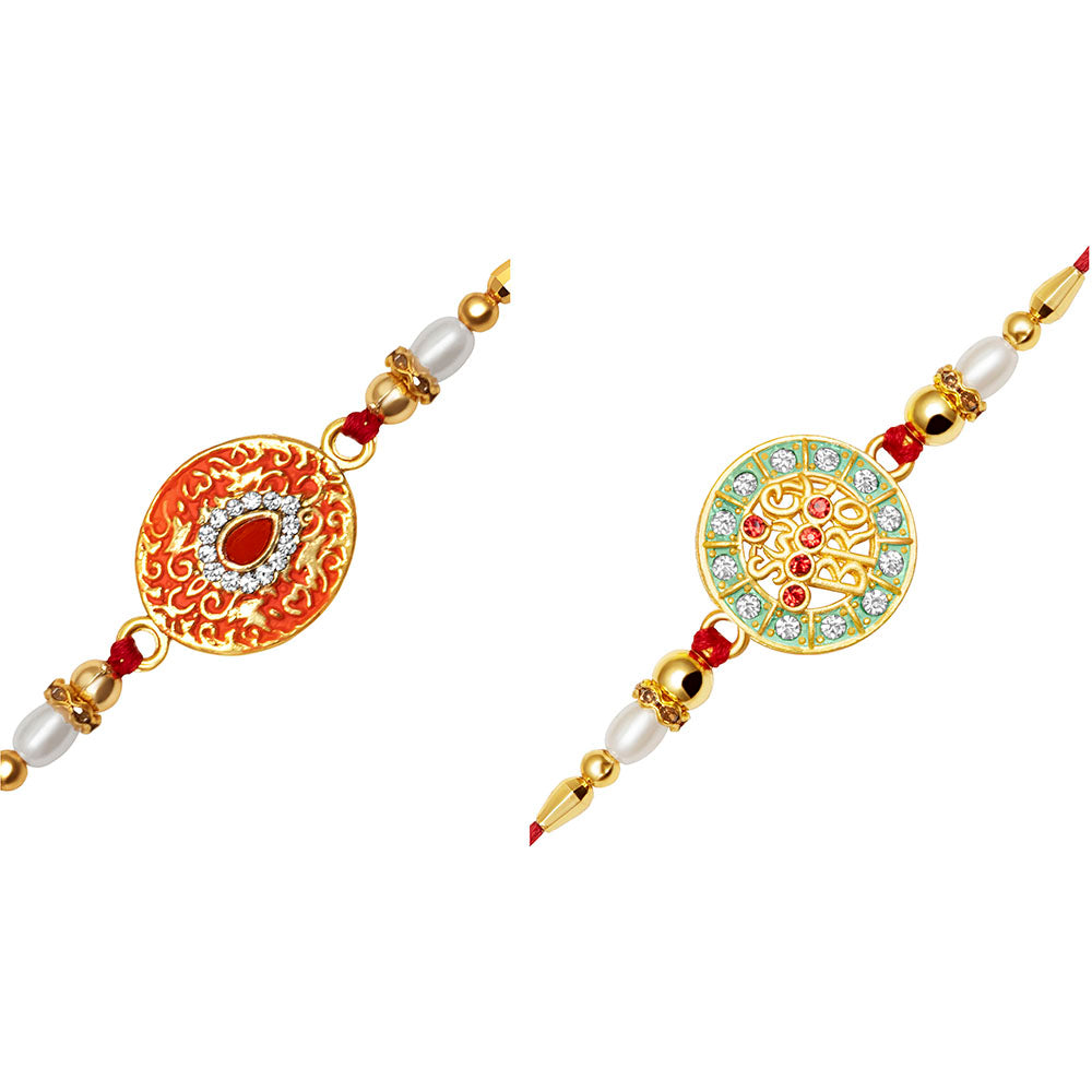 Kord Store Round Shape Multi-Color Stone & Pearl Gold Plated Set of 2 Rakhi Combo For Brother