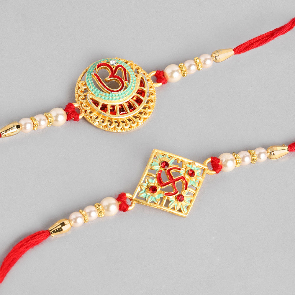 Kord Store 'Om And Swastik' Minakari Mint Green And Ruby Thread Moti Gold Finish Rakhi Set Of 2 For Brother