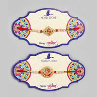 Kord Store 'Om And Swastik' Minakari Mint Green And Ruby Thread Moti Gold Finish Rakhi Set Of 2 For Brother